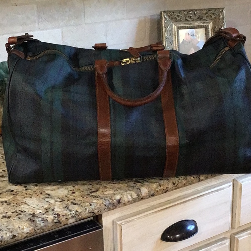 Vintage Polo Ralph Lauren Black Plaid Watch Boston Travel Duffle Bag Polo Green - Picture 7 of 13